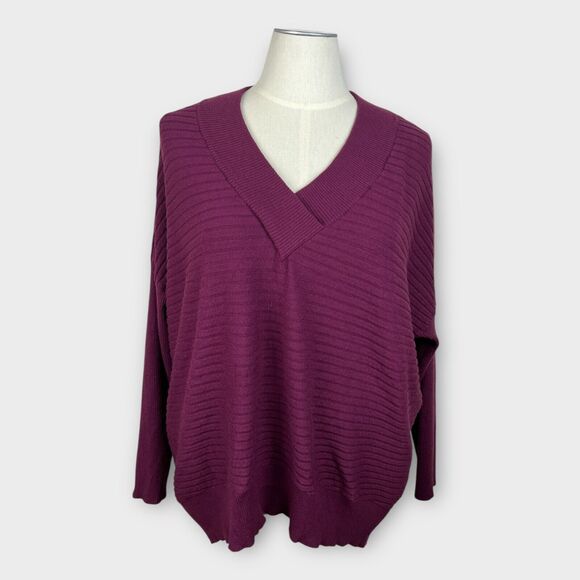 Time and Tru Oversized Sweater XL Plum Purple Soft Ribbed V-Neck Long Sleeve - Picture 1 of 8